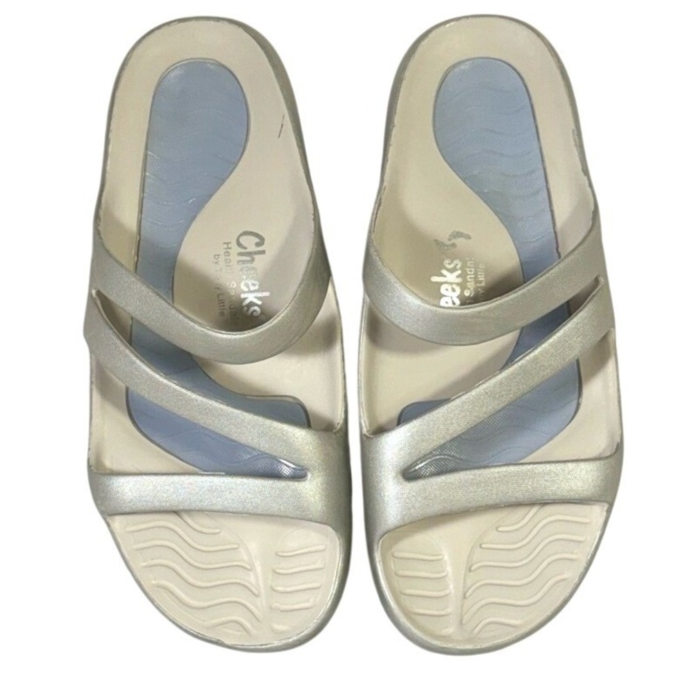 Tony Little Cheeks footbed Women's Silver Slide Sandals measures 10.5"- size 10